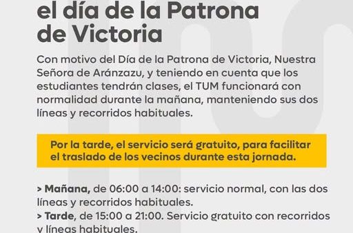 Cambios en el Servicio del TUM por el día de la Patrona de Victoria