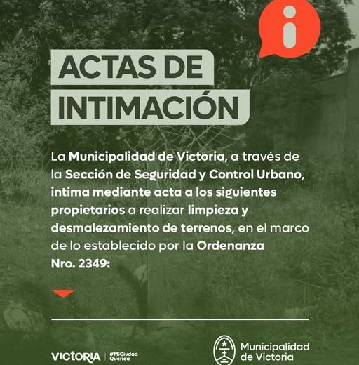 Acta de intimación a propietarios a realizar limpieza y desmalezamiento de terrenos.